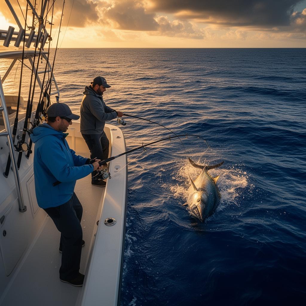 Anglers fighting a tuna on the back deck